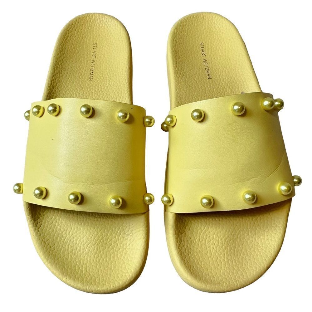 Stuart Weitzman Sunny Yellow Studded Slide Sandals - Picture 9 of 10